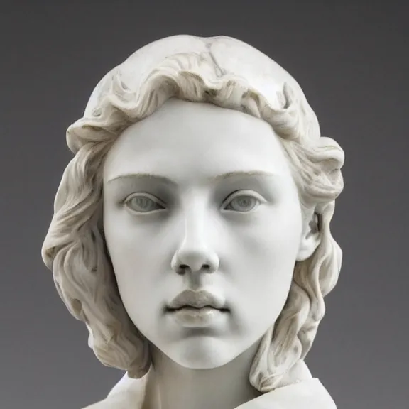 Image similar to a white art nouveau marble sculptural bust of a worried young scarlett johansson as joan of arc, with silver plate armor, delicate, intricate, smooth, beautiful, by charles van der stappen