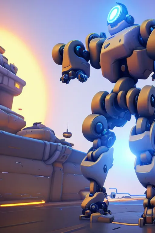 Image similar to the fortress robot in the overwatch game, cute style, cg rendering, the background is a beautiful forest