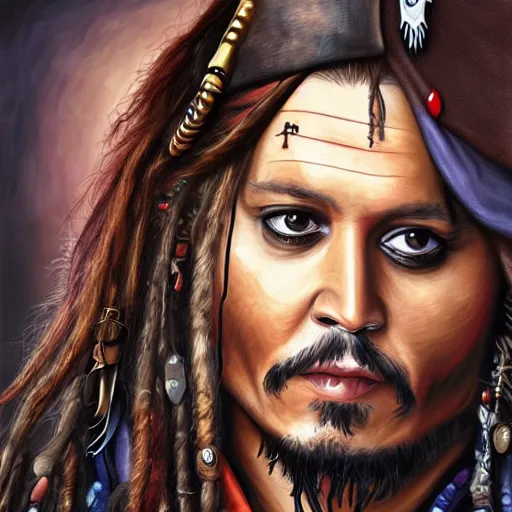 Image similar to portrait of johnny depp as captain jack sparrow, highly detailed, centered, solid color background, digital painting