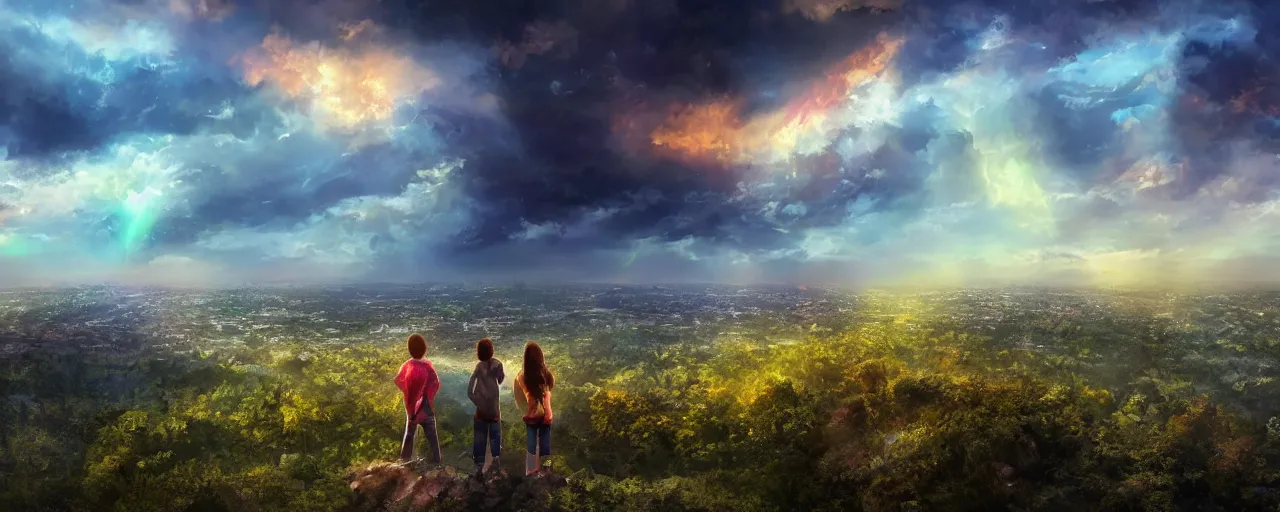 Image similar to Colorful dramatic puffy clouds, 3 Inner city teens standing on the edge of a cliff overlooking a forest, Glowing city on the horizon, matte painting, concept art, 4K