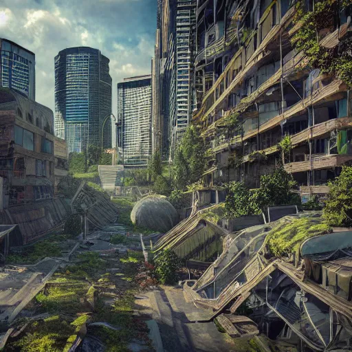 Image similar to a world fallen by disease, seattle completely wasted away, nature taken over and grow over buildings, high quality photorealism, cinematic, epic, Deviantart, artstation, high detail Octane render