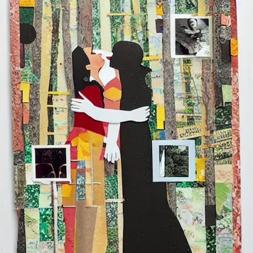 Image similar to paper collage art made of cut up magazines depicting two women kissing happily in a forest