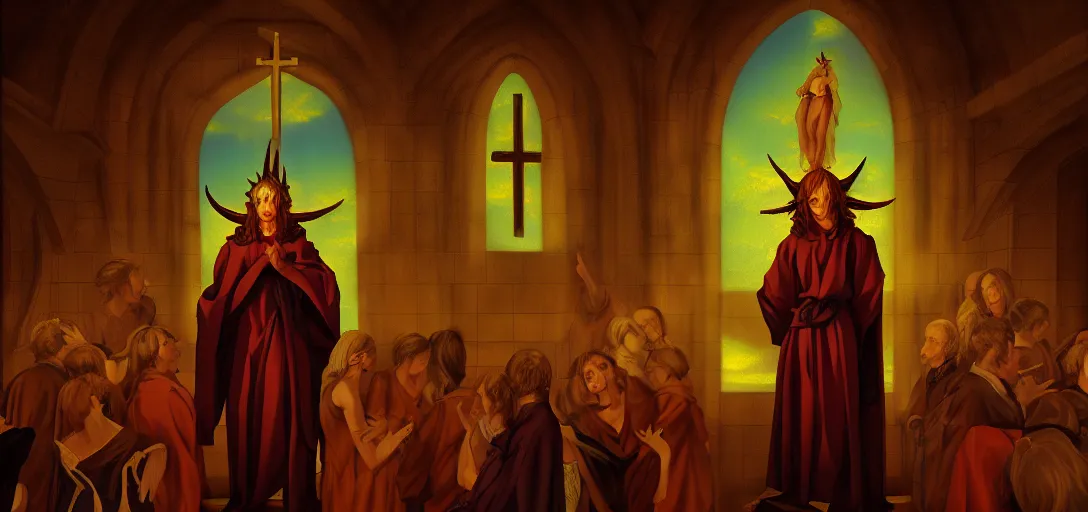 Prompt: baroque oil painting of anime satan in church, brutalist, dark fantasy, sunset, rule of thirds, digital cel shading, fake hidden detail