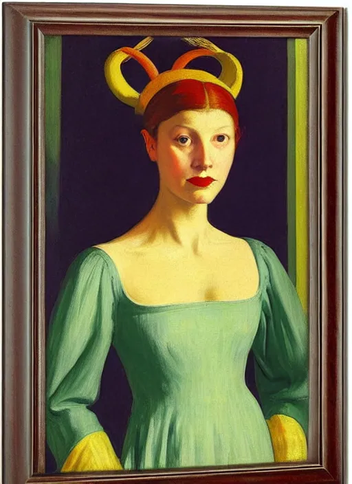 Image similar to portrait of young woman in renaissance dress and renaissance headdress, art by edward hopper