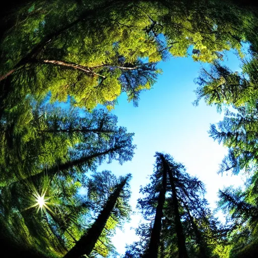Image similar to photo of a tree on a forest landscape, fisheye lens,