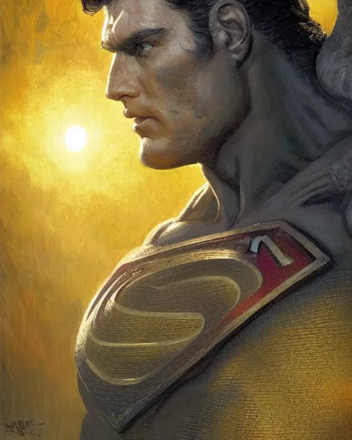Image similar to superman emerging from the sun, highly detailed face, intricate, deep focus, elegant, orange yellow ethereal, horror, fantasy art by greg rutkowski and magali villeneuve and claude monet