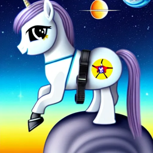 Image similar to a pony like a baby sits on the back of a large astronaut who is on all fours