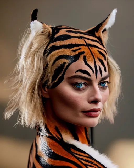 Image similar to A detailed photo of margot robbie wearing a tiger suit, detailed face, highly detailed, cinematic, full body shot, 4k, hd, sharp