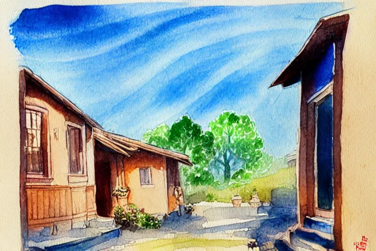 Image similar to rays of the morning sun shining through the window of the village house. very beautiful, clear sky, warm shiny colors, watercolor drawing