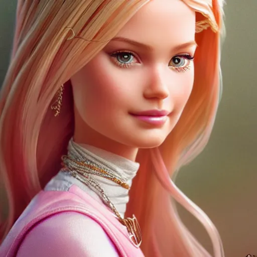 Image similar to a beautiful portrait of barbie ; ultra realistic, concept art, intricate details, stunning model, highly detailed, photorealistic, octane render, 8 k, unreal engine. art by artgerm and greg rutkowski and charlie bowater and magali villeneuve and alphonse mucha