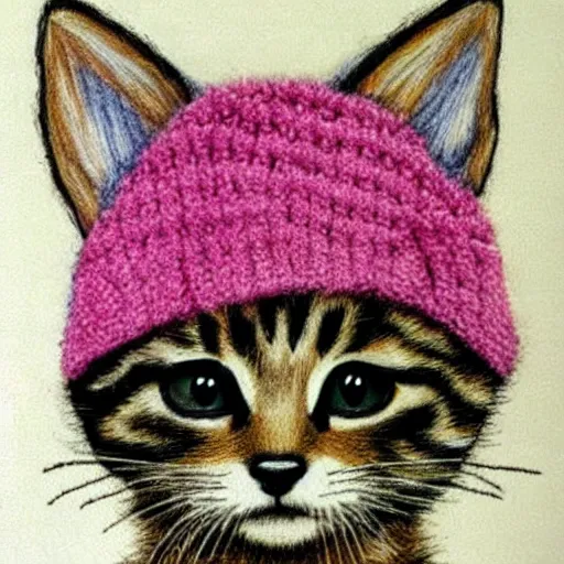 Prompt: child's drawing of a kitten wearing a knitted cap.