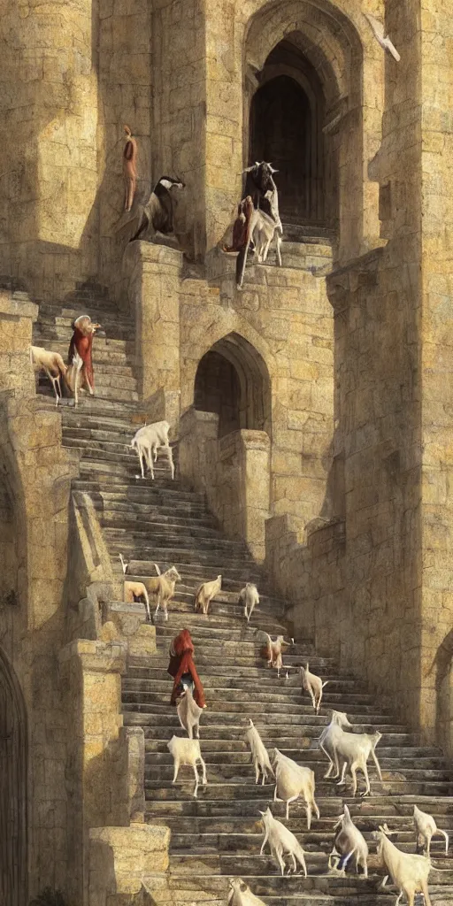 Image similar to a herd of goats! on stairs in a beautiful fantasy castle, medieval citadel, medieval cathedral, many goats, magic, tall towers, gorgeous clouds, colorful, sunrays, digital painting, landscape, octane render, unreal engine, high detail, very realistic, by greg rutkowski. by james gurney