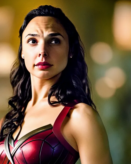 Image similar to Gal Gadot in the role of Buffy the Vampire Slayer; promotional photo; film still; bokeh, 90mm, f/1.4