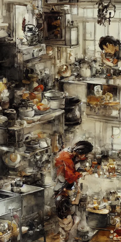 Prompt: oil painting scene from kitchen by kim jung gi