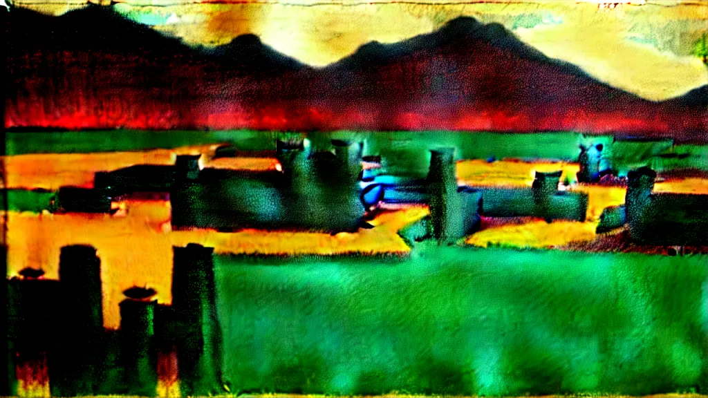 Image similar to a chinese prison near a river by peter doig, muted colors