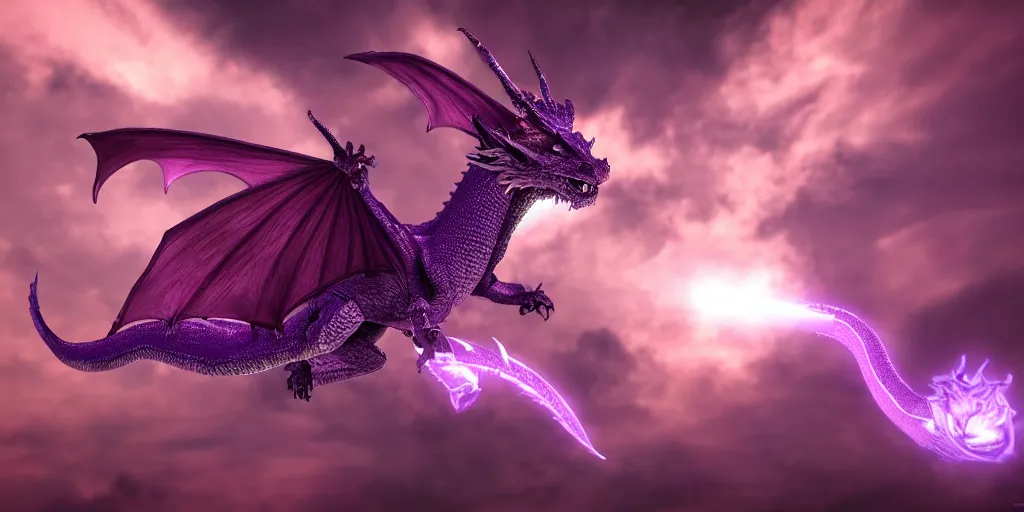 Image similar to highly detailed a purple dragon wearing a crown flies through space, 4 k, photorealistic, unreal 5