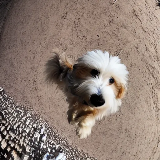 Image similar to a cream-colored havanese base jumping, gopro photo, 4k