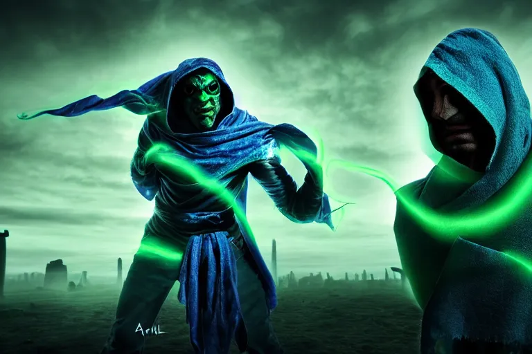 Image similar to vfx film, photorealistic render, soul reaver, raziel irl, price of persia movie, missing jaw, hero pose, magic, scarf, hood, glowing green soul blade, in stonehenge vancouver city, flat color profile low - key lighting award winning photography arri alexa cinematography, hyper real photorealistic cinematic, atmospheric cool colorgrade