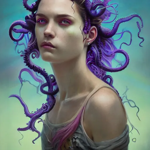 Image similar to art portrait of a furious girl with purple tentacles on her head,8k,by tristan eaton, Stanley Artgermm,Tom Bagshaw,Greg Rutkowski,Carne Griffiths,trending on DeviantArt, face enhance,hyper detailed ,full of colour,