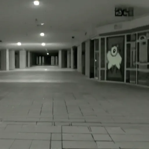 Image similar to beatiful cctv found footage of shadow creature lurking in an empty abandoned mall