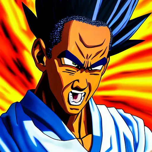 Image similar to ultra realistic portrait painting of barak obama as super saiyan 3 goku, art by akira toriyama, 4 k, dragon ball artstyle, cel shaded, highly detailed, epic lighting