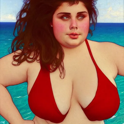 Prompt: portrait of cute 2 0 years old obese courtney cox in red swimsuit sitting on a beach, intricate, hyperdetailed, photorealistic, diffuse lighting, hdrp, artstation, unreal 5, smooth, textless, sharp focus, art by john collier, albert aublet, krenz cushart, artem demura, alphonse mucha