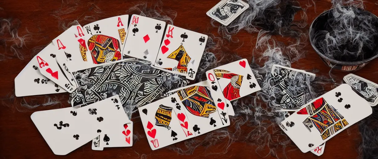 Prompt: a high quality color extreme creepy atmospheric wide dutch angle hd 4 k film 3 5 mm photograph of closeup of hands of caucasian men playing cards on a table with a full ashtray & cigarette smoke