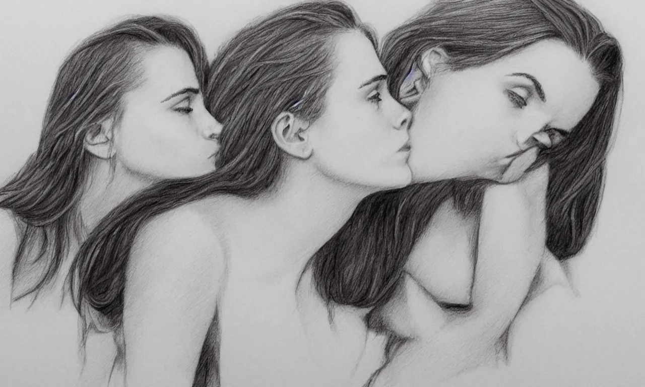 Image similar to emma watson kissing anne hathaway pencil sketch,