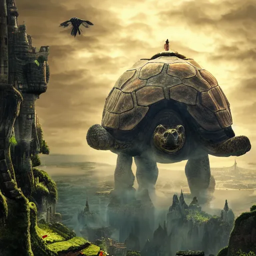Image similar to giant tortoise walking with a large fantasy castle rising from the top of it, howls moving castle, mortal engines, distant shot birds eye view, fantasy, hyper detailed, 4 k,