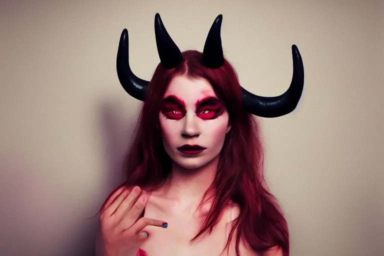 Image similar to pretty demon girl with horns photograph in the style of clemens ascher, colorful, realistic, 8 k