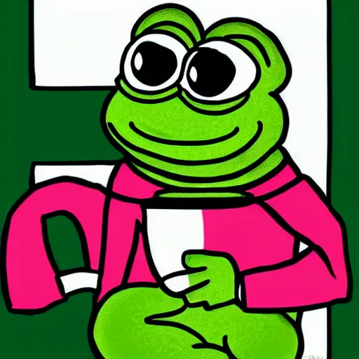 Image similar to Pepe the Frog drinking coffee from a large white mug, simple digital art