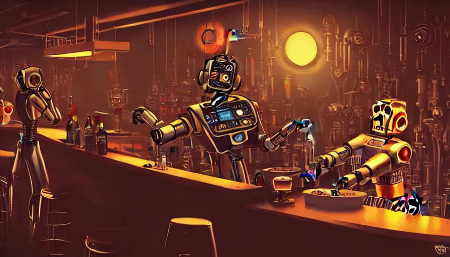 Prompt: scene from a movie about a robot bartender, chappie, c 3 p 0, dingy bar, cinematic, big budget movie, moody steamy atmosphere, robot rock band, people and robots drunk and dancing, happy times, by fantasy artist tiago da silva ( grafik )