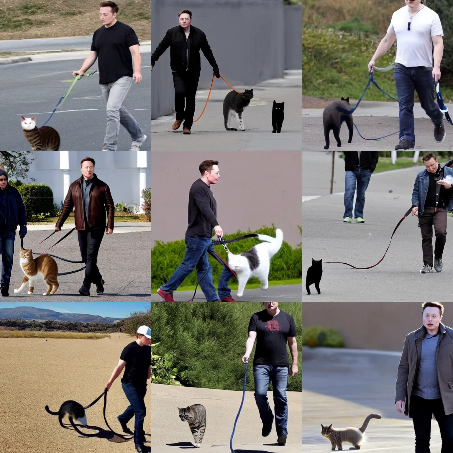 Prompt: elon musk taking his cat for a walk
