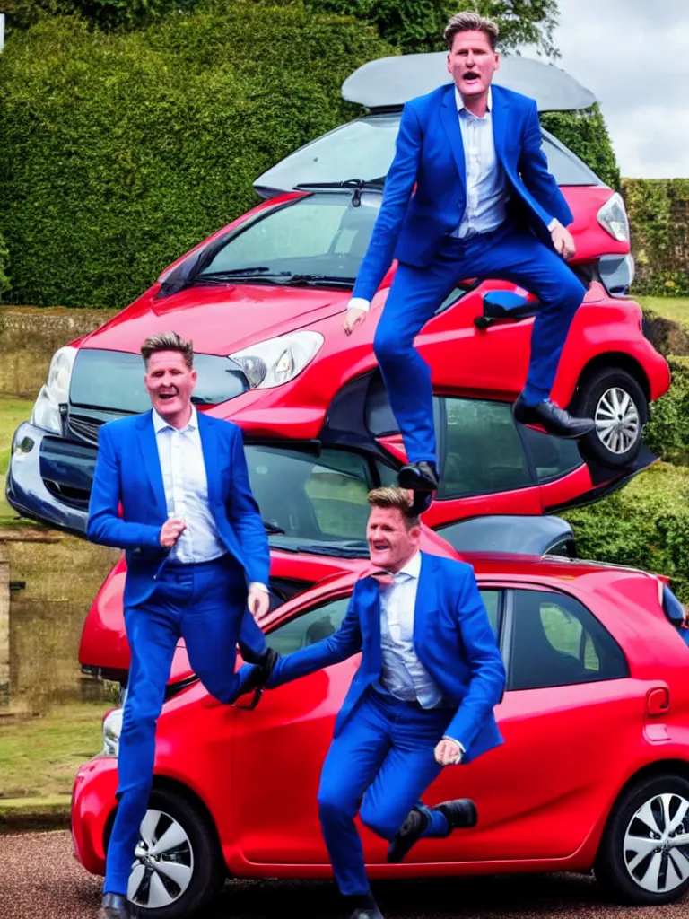 Prompt: Sir Kier Starmer wearing a blue suit jumping on top of a toyota yaris