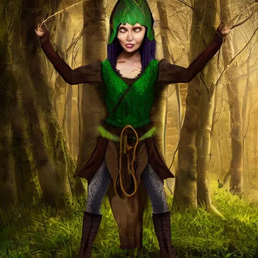 Image similar to anya charlota as a medieval fantasy wood elf, dark purplish hair tucked behind ears, wearing a green tunic with a fur lined collar and brown leather armor, wide, muscular build, scar across nose, one black, scaled arm, cinematic, character art, digital art, forest background, realistic. 8 k,