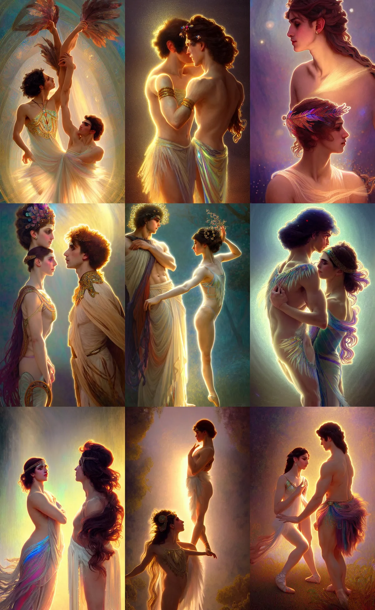 Prompt: ancient greek and gypsy culture crossover, male and female, ballet, iridescent and opalescent, twilight, refractive crystal, elegant, feather hair ornaments, highly detailed, digital painting, glowing particles, misty, cinematic lighting, god rays, smooth, sharp focus, art by nixeu, by wlop, by alphonse mucha.