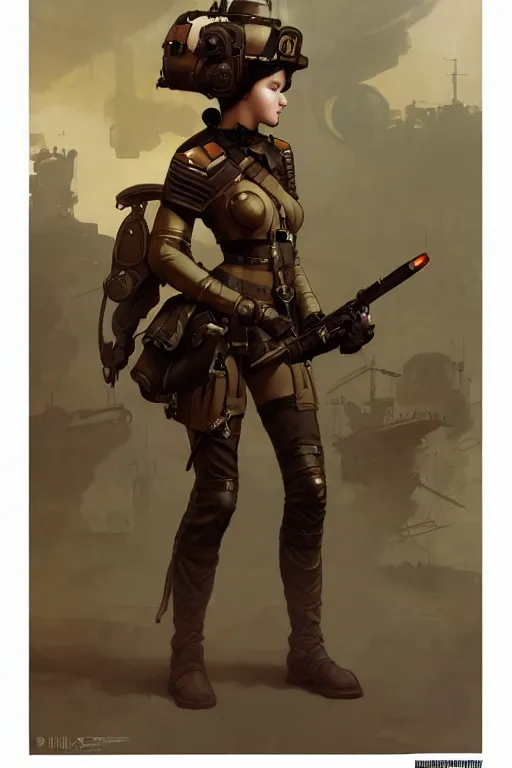 Prompt: dieselpunk soldier girl, helmet, shoulders, chest, portrait, armored, illustrations by wlop and alfons maria mucha and craig mullins and loish and rossdraws and artgerm