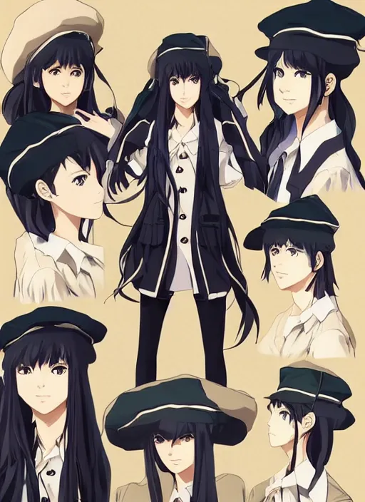 Image similar to key anime visual of a beautiful girl wearing a beige beret and blue shirt; long black hair; anime; drawn by Shigenori Soejima; 3 tone colors