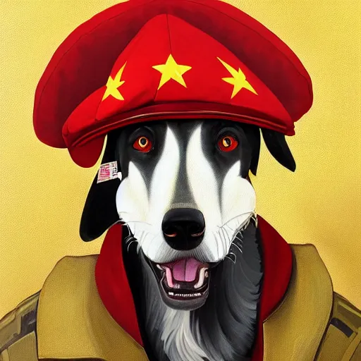 Image similar to Portrait painting of a antropormophic Red Borzoi Dog using a communist red beret as an Overwatch character, medium shot, asymmetrical, profile picture, Organic Painting, sunny day, Matte Painting, bold shapes, hard edges, street art, trending on artstation, by Huang Guangjian and Gil Elvgren and Sachin Teng
