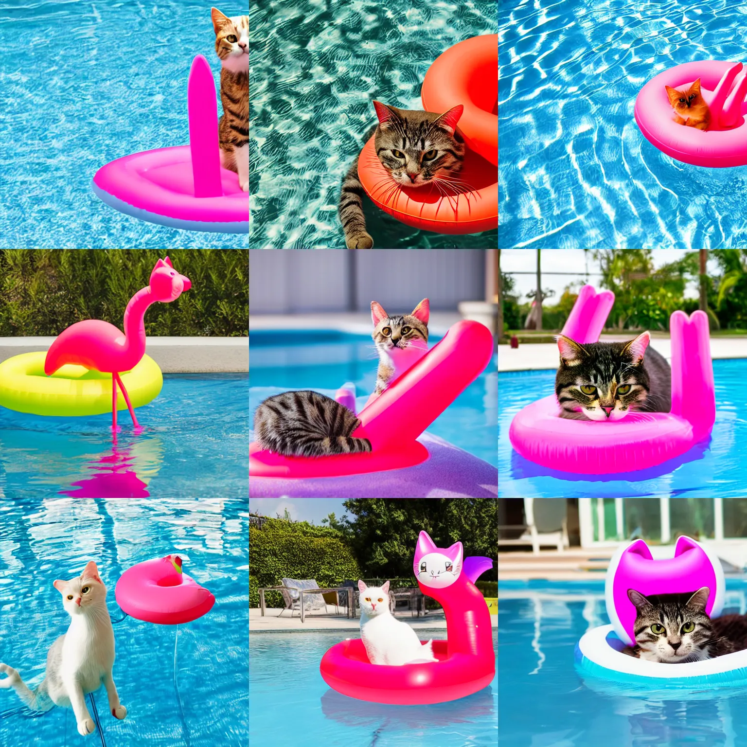 Prompt: photo of a cat on an inflatable flamingo in a pool