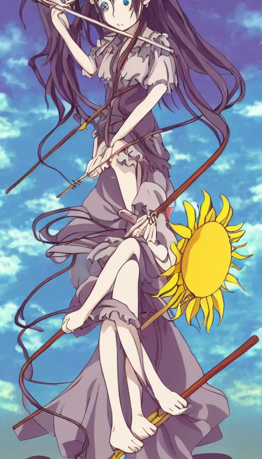 Image similar to the being death as a cute anime girl with a giant cute sun flower scythe from a studio ghibli film inspired by the death tarot card