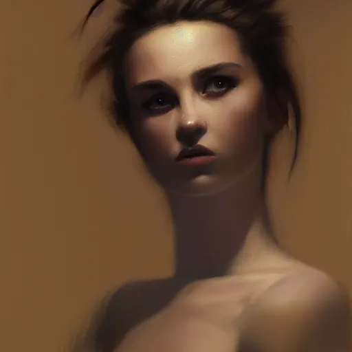 Image similar to a young woman, dramatic lighting, chiaroscuro, high detail, painted by romain jouandeau, trending on artstation