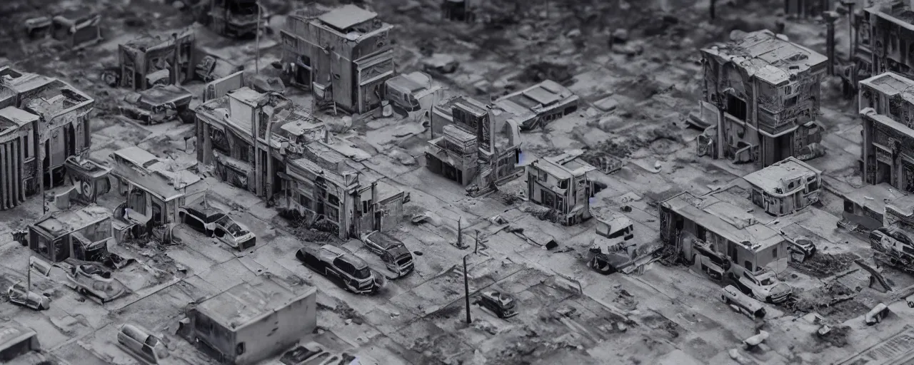 Prompt: mega detailed miniature voxel diorama abandoned nasa space base, brutalism architecture, tilt shift suburban, hard lights are on in the windows, dark night, fog, winter, blizzard, uncozy and not peaceful atmosphere, row of street lamps with cold blue light, several ruins nearby, cold war era 1 9 6 0