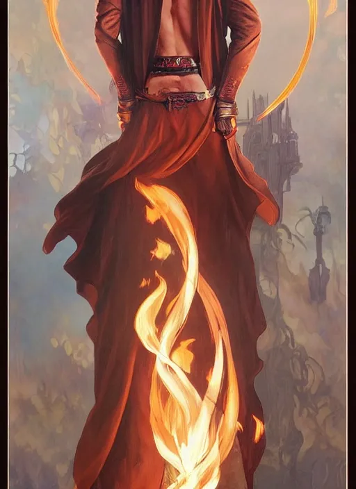 Image similar to young man using fire magic, wearing mages robes, back view, short blond hair, realistic painting by ross tran and gerald brom and alphonse mucha, artgerm, trending on artstation