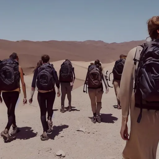 Image similar to a huge group of models wearing giant hiking backpacks, walking in the desert, margiela campaign, giant crowd, cinematic lighting, hd vfx, shot from behind