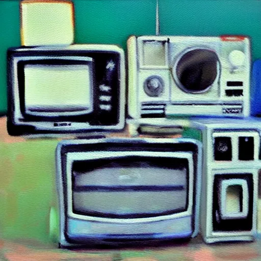 Image similar to array of crt televisions, tv static, antenna, stacked, polaroid, steroids, adult video store, impressionist painting, painting, oil painting, cell shaded, fuzzy