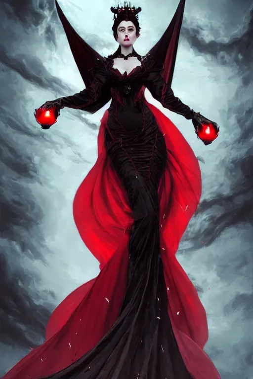 Prompt: Beautiful vampire female princess, black and red silk clothing, levitating above a pit of souls, Full body shot, D&D, fantasy, intricate, elegant, highly detailed, digital painting, artstation, concept art, matte, sharp focus, illustration, hearthstone, art by Artgerm and Greg Rutkowski and Alphonse Mucha