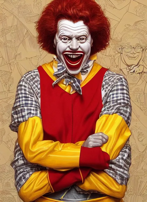 Prompt: portrait of Ronald McDonald in Society (1989), intricate, highly detailed, centered, digital painting, artstation, concept art, smooth, sharp focus, illustration, artgerm, donato giancola, Joseph Christian Leyendecker, WLOP, Artgerm