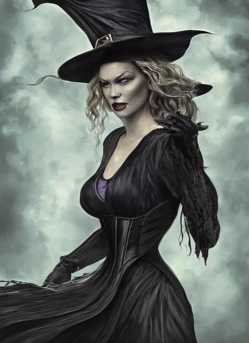 Prompt: beautiful female witch, rebecca romijn as wicked witch of the west, full body character concept, evil, powerful, magic, art nouveau, super powers, fantasy, intricate, elegant, mistique, horrifying, highly detailed, digital painting, artstation, concept art, shining, sharp focus, illustration, art by stanley lau