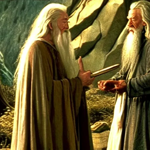 Prompt: Gwaihir Speaking with Gandalf, Scene from Lord of the Rings